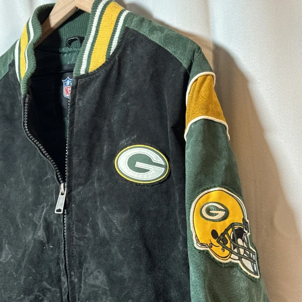 VTG G-III Green Bay Packers Suede Leather Bomber Jacket NFL Licensed Size M 90's